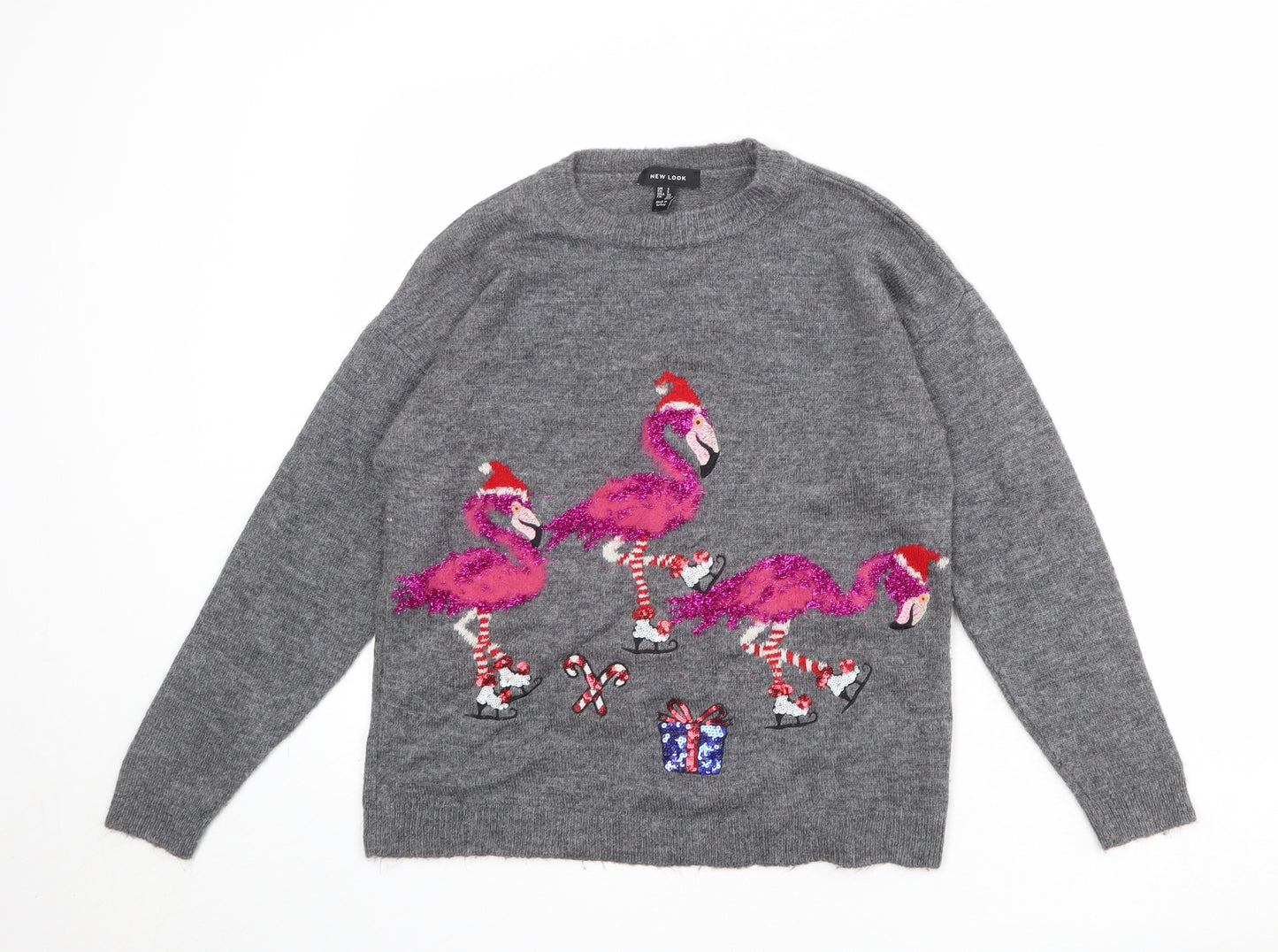 New Look Womens Grey Round Neck Acrylic Pullover Jumper Size S - Flamingo