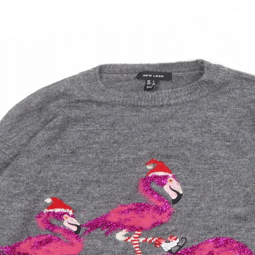New Look Womens Grey Round Neck Acrylic Pullover Jumper Size S - Flamingo