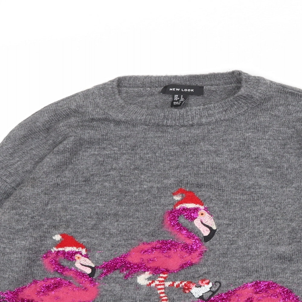 New Look Womens Grey Round Neck Acrylic Pullover Jumper Size S - Flamingo