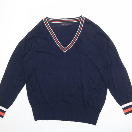 Marks and Spencer Womens Blue V-Neck Striped 100% Cotton Pullover Jumper Size M