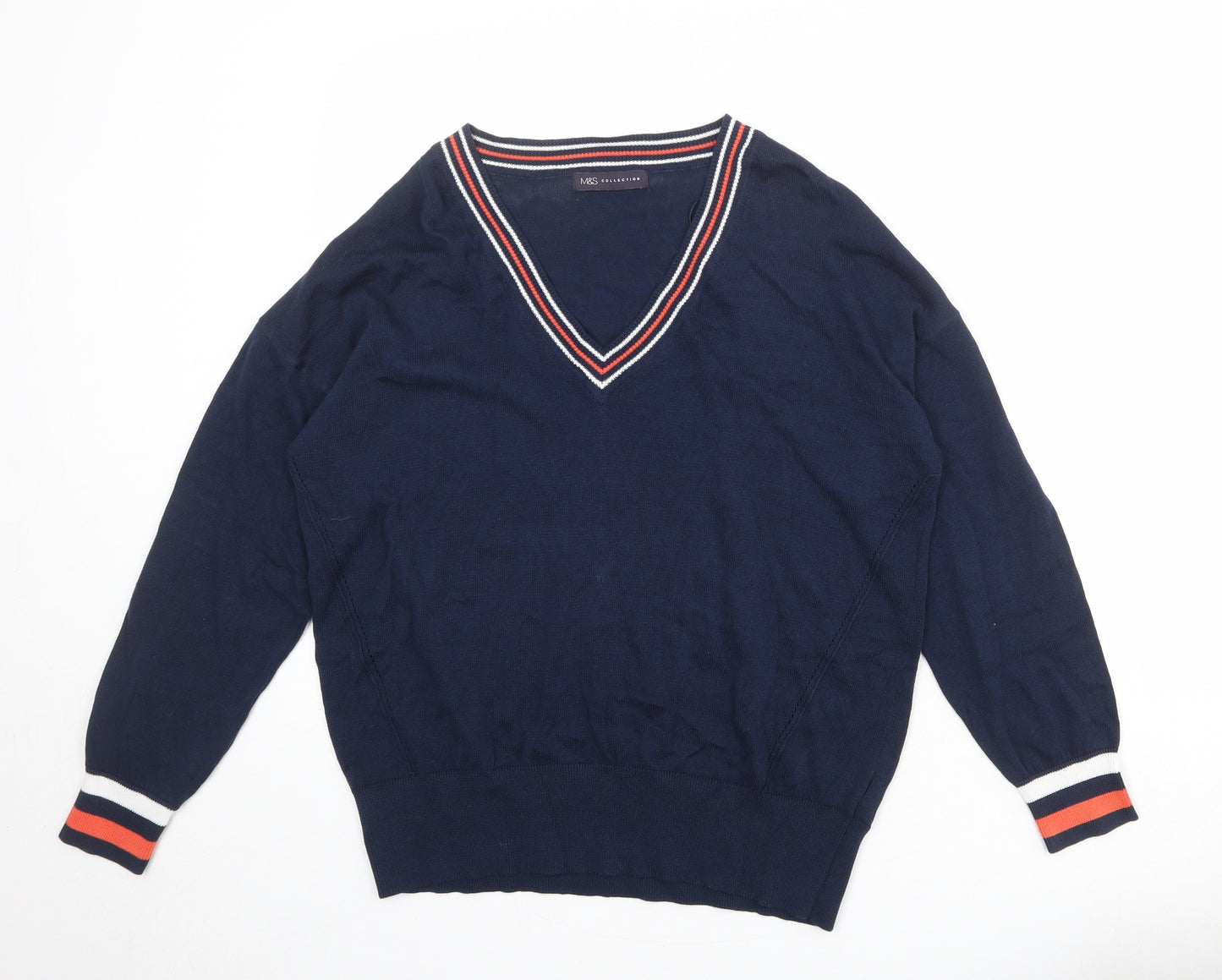 Marks and Spencer Womens Blue V-Neck Striped 100% Cotton Pullover Jumper Size M