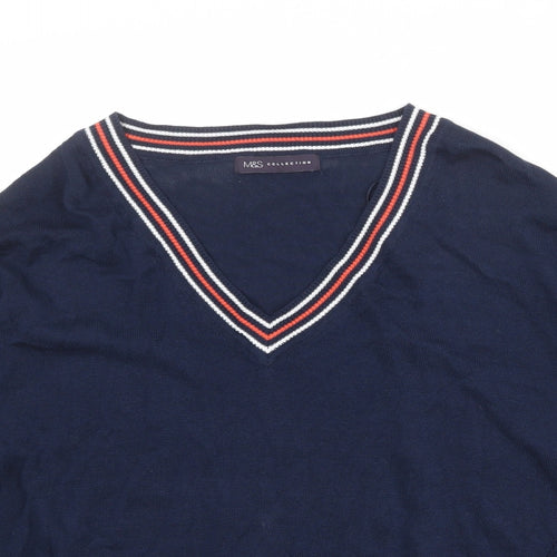 Marks and Spencer Womens Blue V-Neck Striped 100% Cotton Pullover Jumper Size M