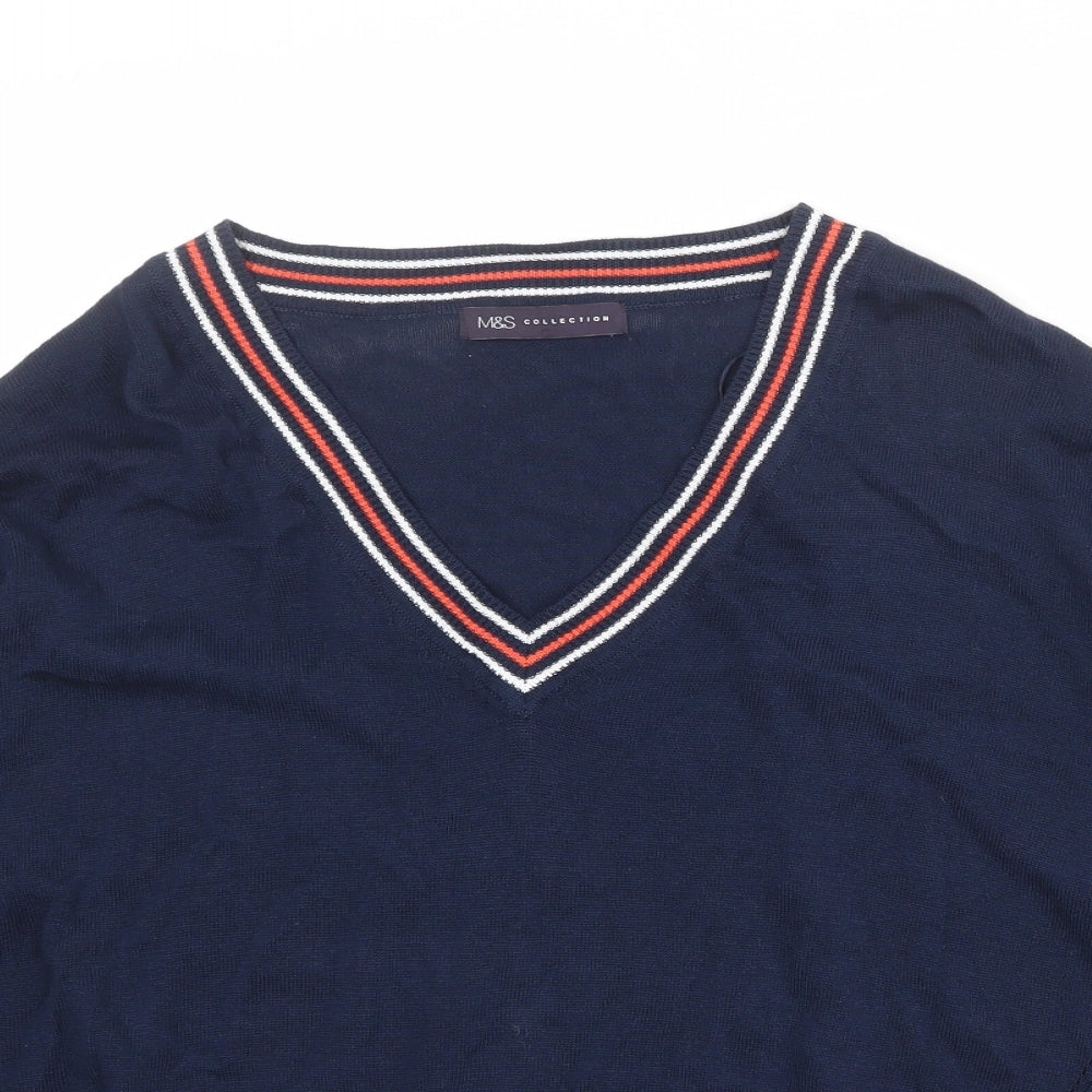 Marks and Spencer Womens Blue V-Neck Striped 100% Cotton Pullover Jumper Size M