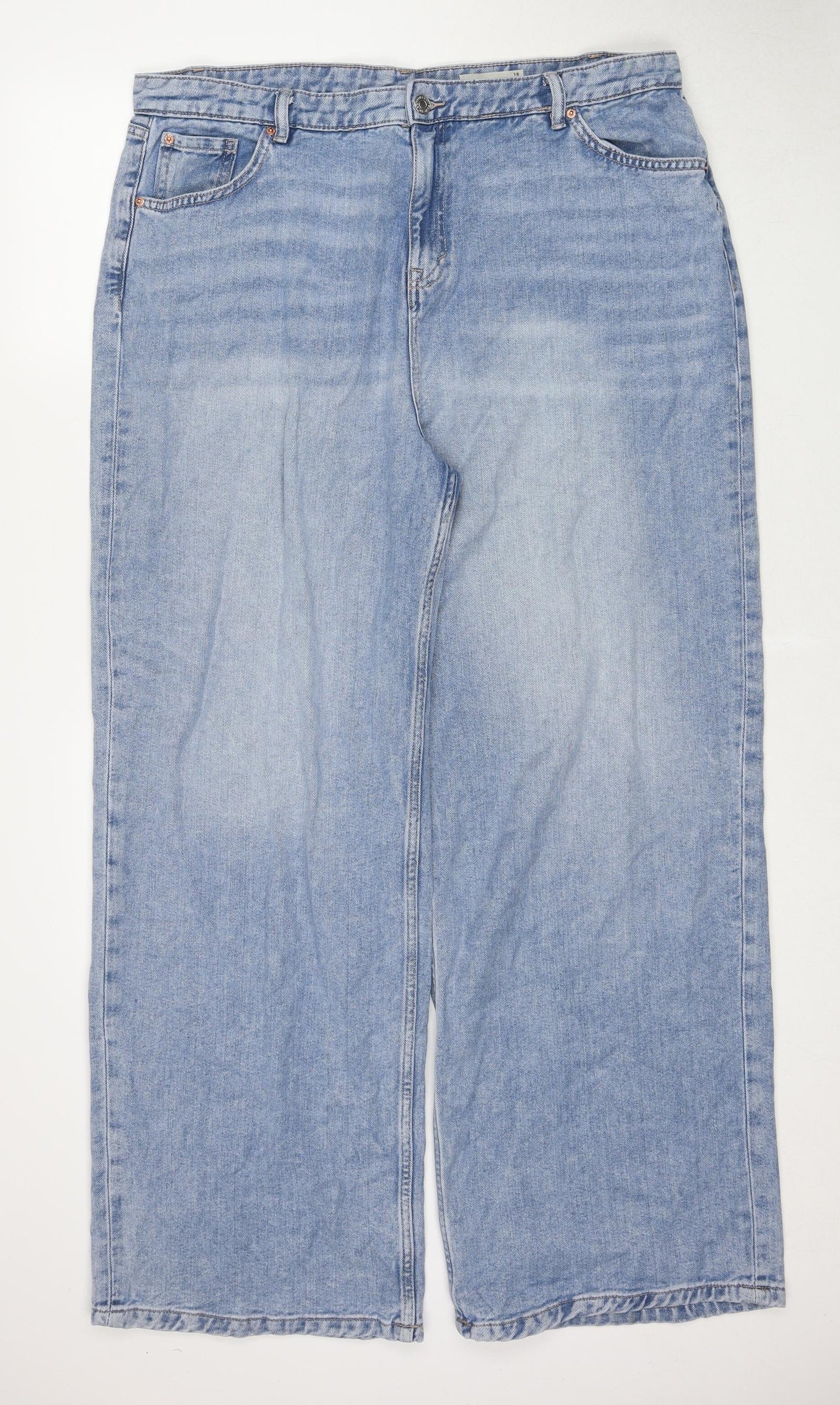 Marks and Spencer Womens Blue Cotton Wide-Leg Jeans Size 18 Relaxed Zip