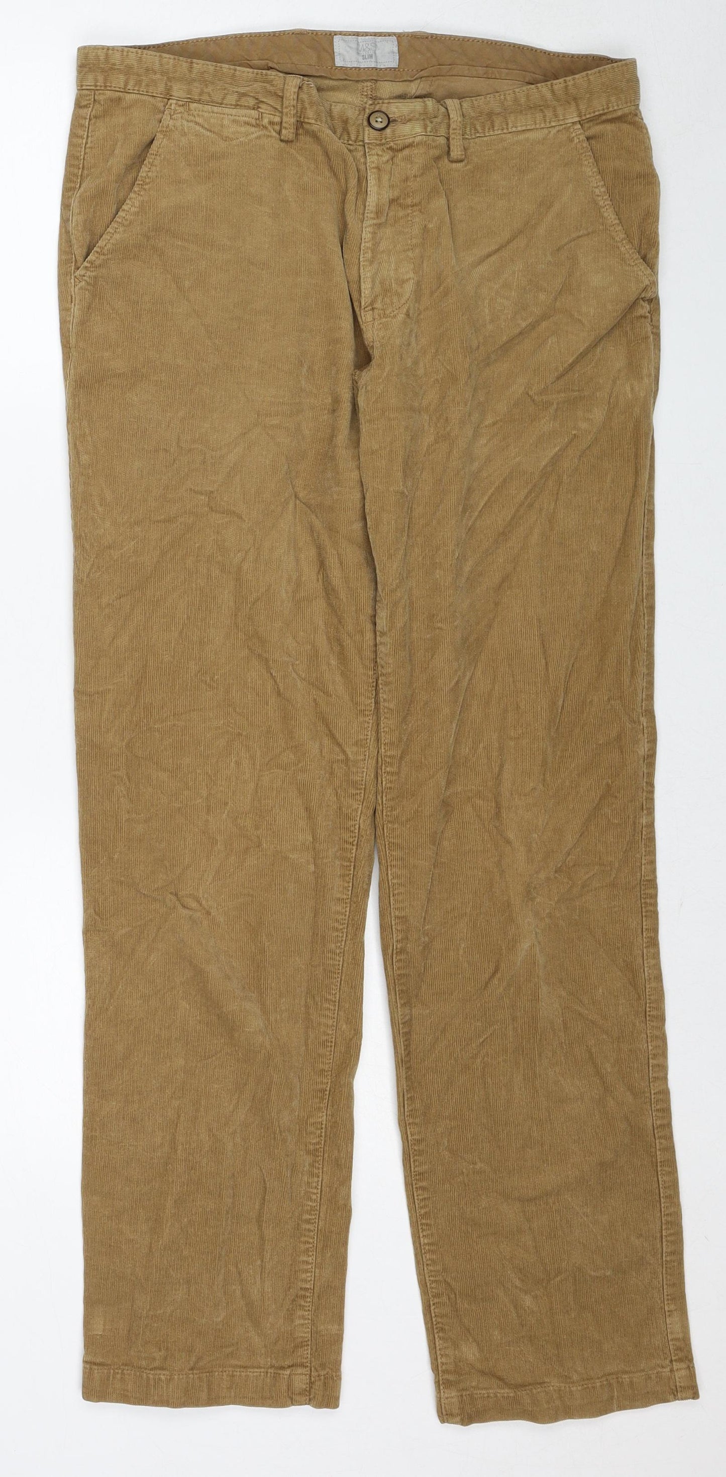 Marks and Spencer Mens Beige Cotton Trousers Size 34 in L31 in Regular Zip