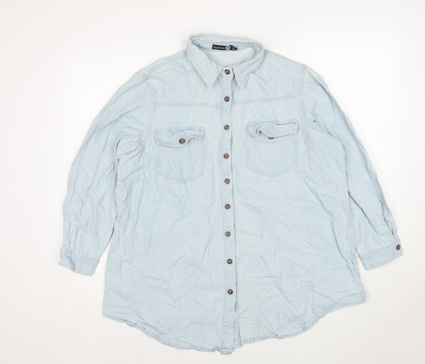 Boohoo Womens Blue Cotton Basic Button-Up Size 12 Collared