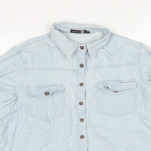 Boohoo Womens Blue Cotton Basic Button-Up Size 12 Collared