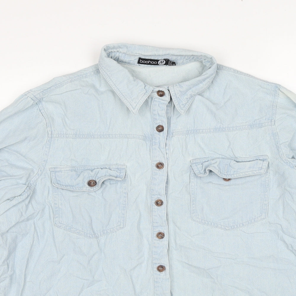 Boohoo Womens Blue Cotton Basic Button-Up Size 12 Collared
