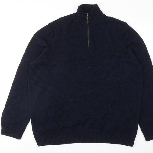 Marks and Spencer Mens Blue High Neck Wool Henley Jumper Size 3XL Long Sleeve