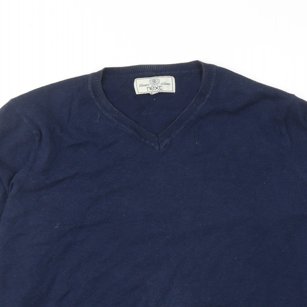 NEXT Mens Blue V-Neck Cotton Pullover Jumper Size M Long Sleeve