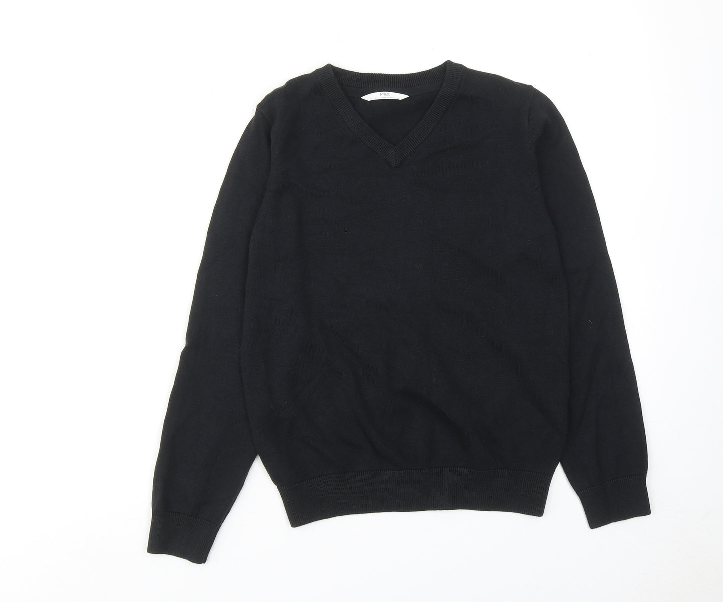 Marks and Spencer Boys Black V-Neck Cotton Pullover Jumper Size 10-11 Years Pullover