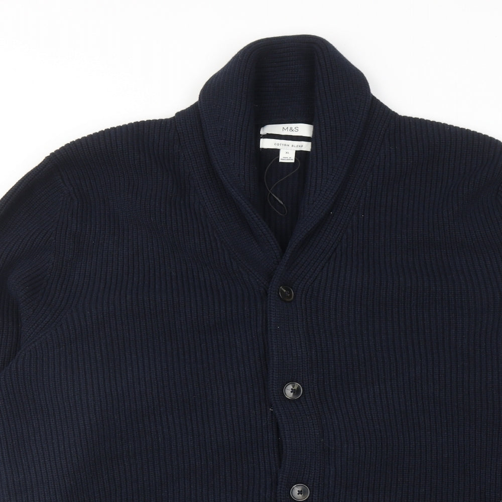 Marks and Spencer Mens Blue V-Neck Polyester Cardigan Jumper Size XL Long Sleeve