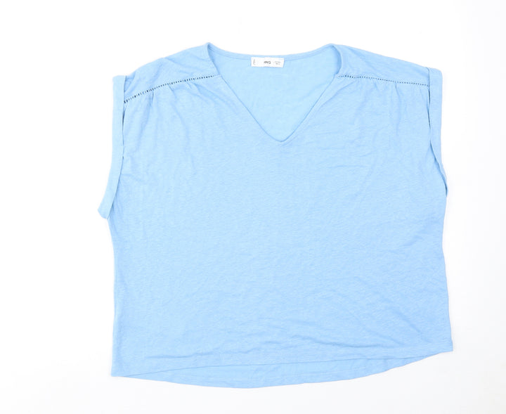 Mango Womens Blue Polyester Basic T-Shirt Size L V-Neck