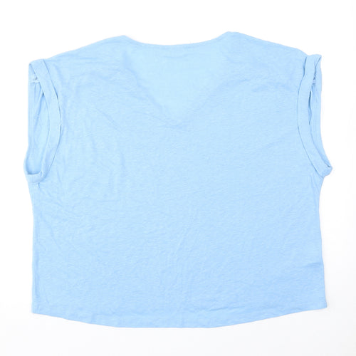Mango Womens Blue Polyester Basic T-Shirt Size L V-Neck