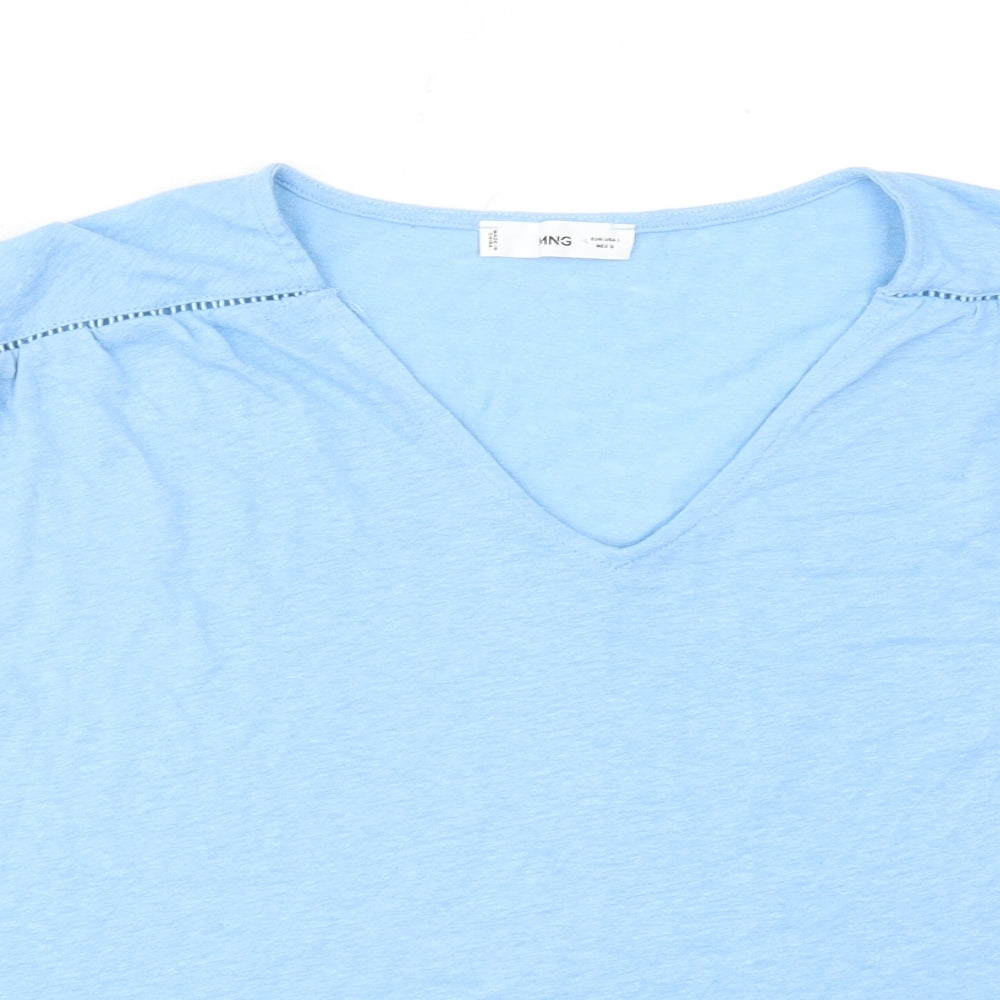 Mango Womens Blue Polyester Basic T-Shirt Size L V-Neck