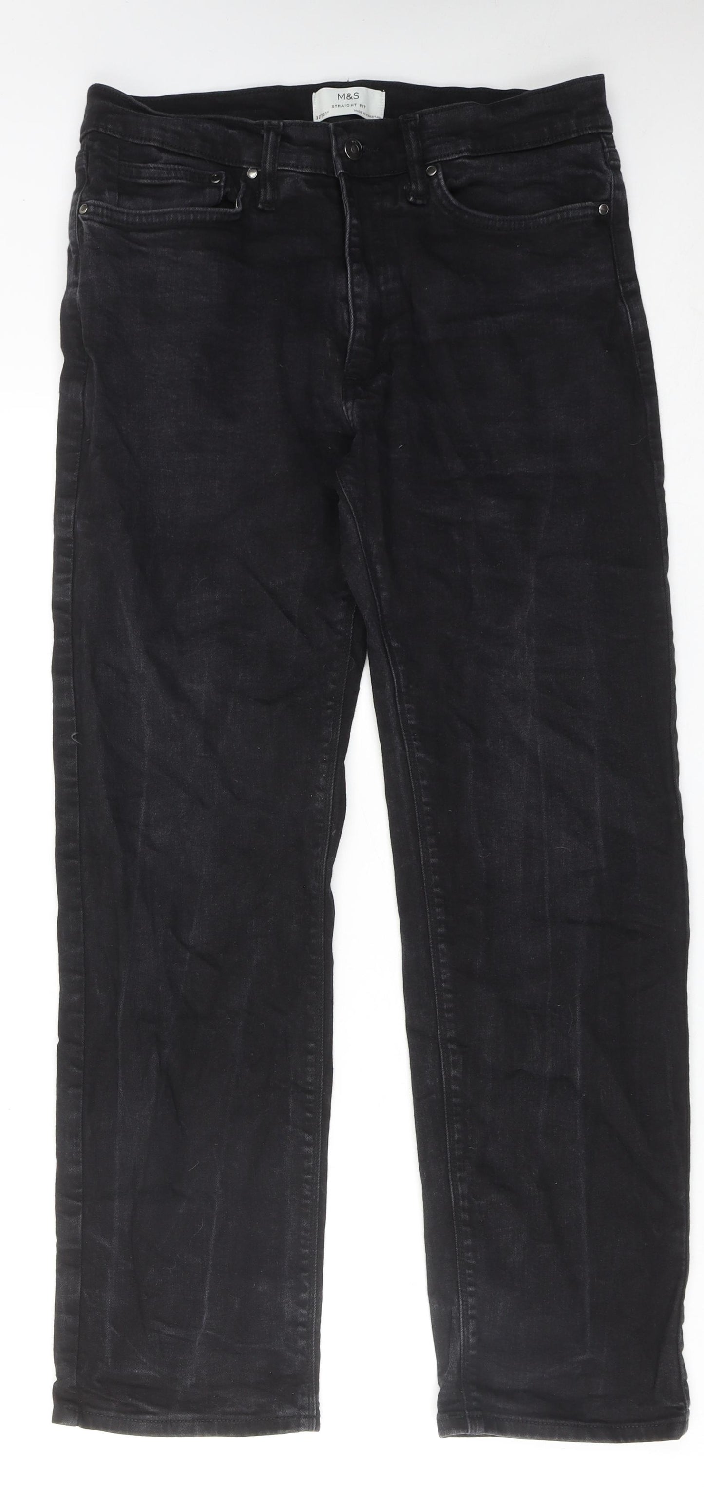 Marks and Spencer Mens Black Cotton Straight Jeans Size 32 in L31 in Regular Zip