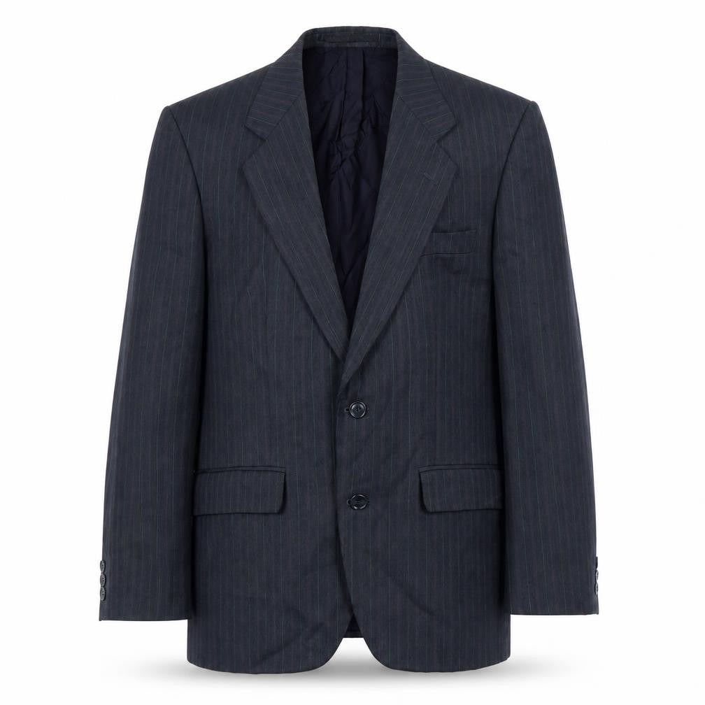 Front view of Marks & Spencer men’s grey striped polyester jacket suit jacket, size 36, regular