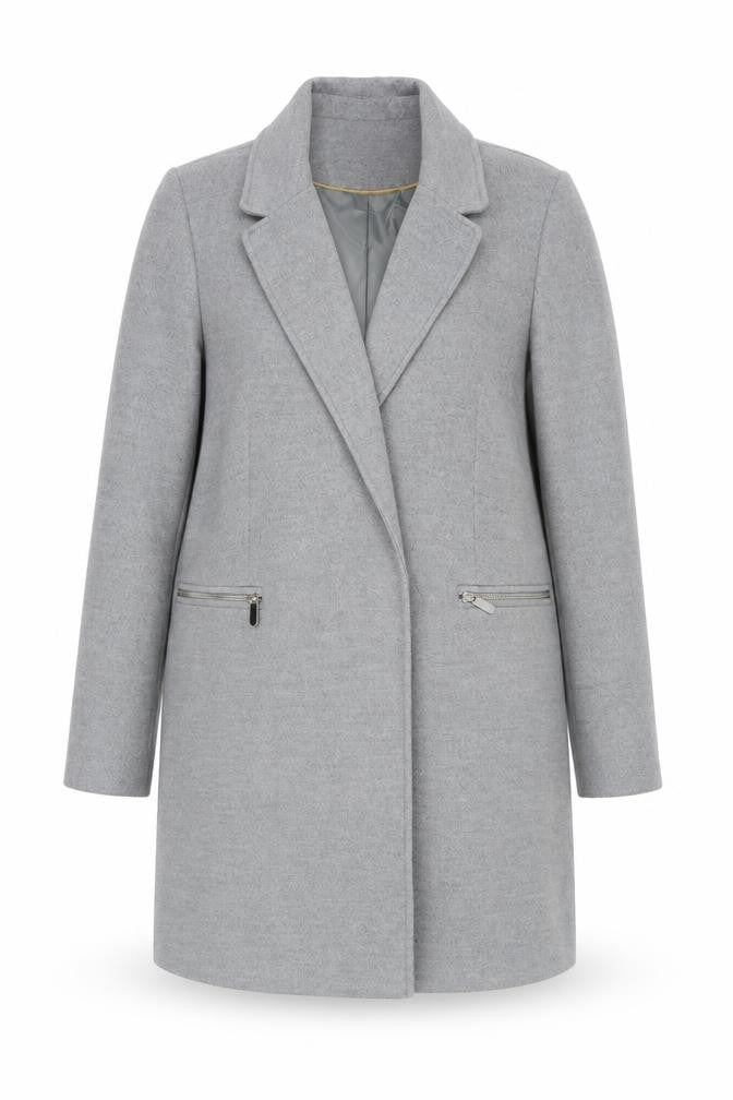 Front view of Topshop women’s grey overcoat coat, size UK 12, snap