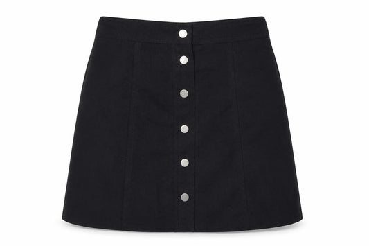 Front view of Divided by H&M women’s black polyester a-line skirt, size UK 4, snap