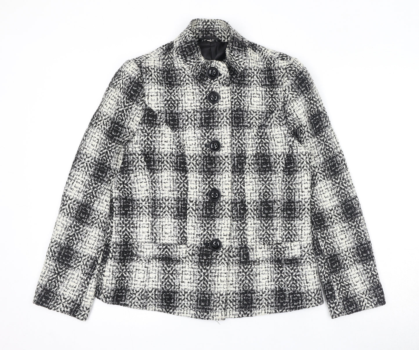 EWM Womens Black Plaid Jacket Blazer Size 10 Button