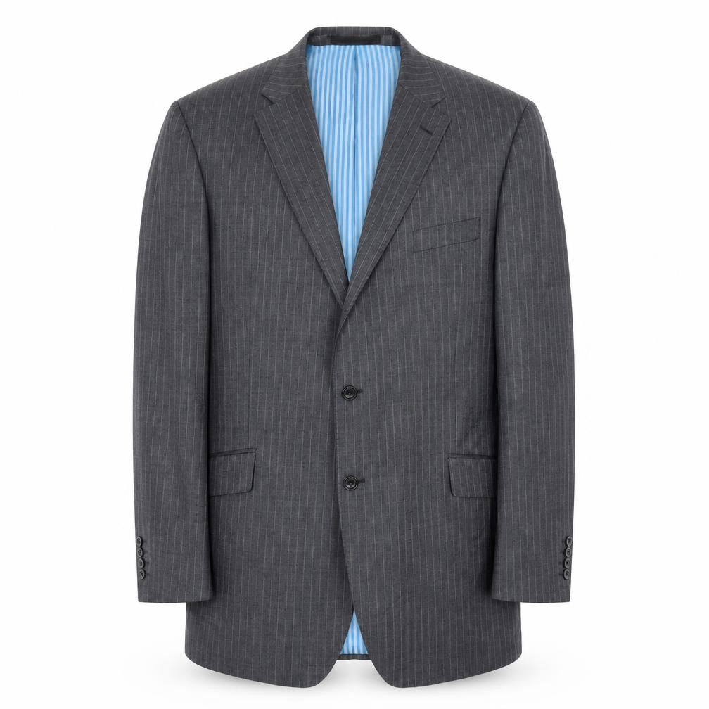 Front view of Marks & Spencer men’s grey striped wool jacket suit jacket, size 46, regular