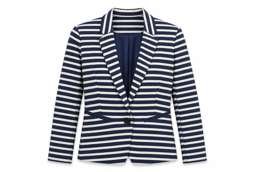 Front view of Bershka women’s blue striped jacket blazer, size M, button