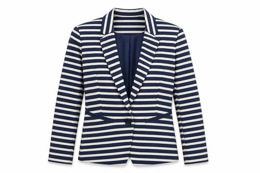 Front view of Bershka women’s blue striped jacket blazer, size M, button