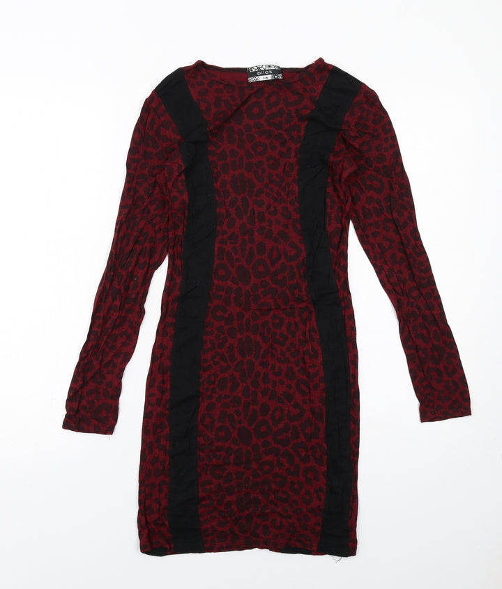 Pilot Womens Red Animal Print Viscose Pencil Dress Size S Boat Neck Pullover - Leopard Print