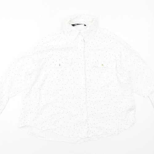 Zara Womens White Polka Dot Viscose Basic Button-Up Size M Collared