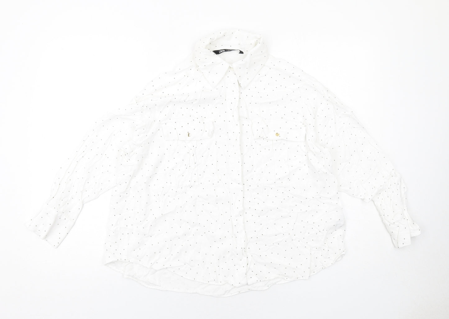 Zara Womens White Polka Dot Viscose Basic Button-Up Size M Collared