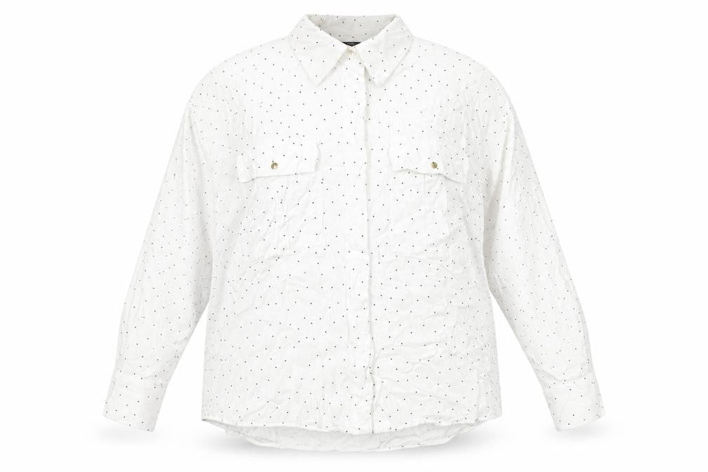 Front view of Zara women’s white polka dot viscose basic button-up, size M, collared