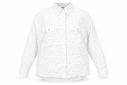 Front view of Zara women’s white polka dot viscose basic button-up, size M, collared