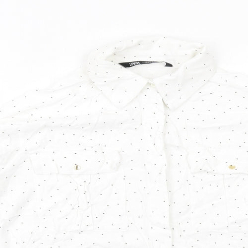 Zara Womens White Polka Dot Viscose Basic Button-Up Size M Collared