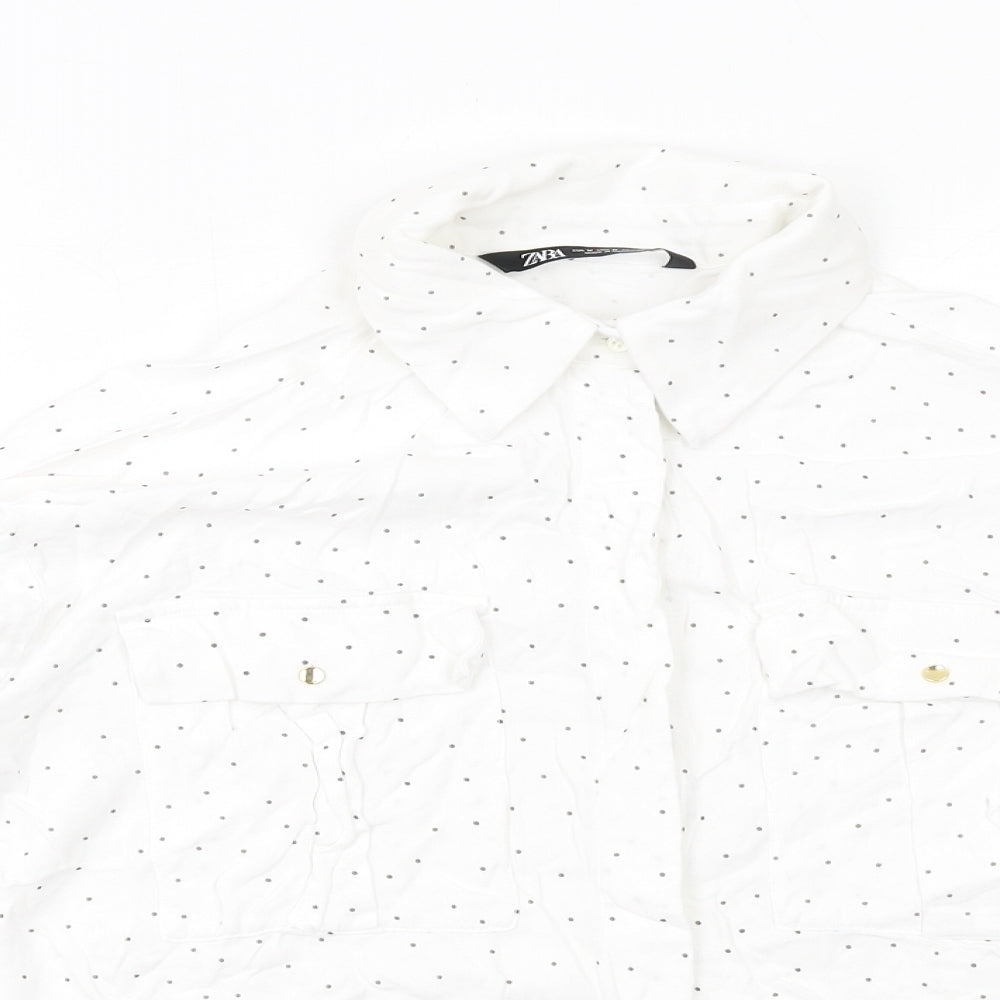 Zara Womens White Polka Dot Viscose Basic Button-Up Size M Collared