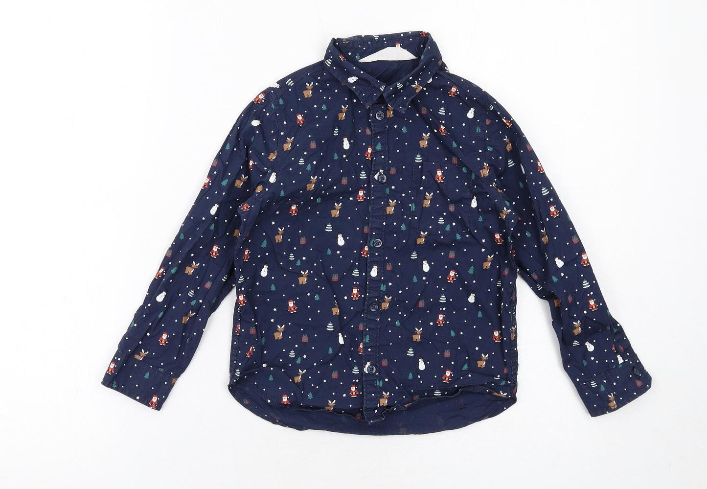 H&M Boys Blue Geometric Cotton Basic Button-Up Size 5-6 Years Collared Button - Christmas