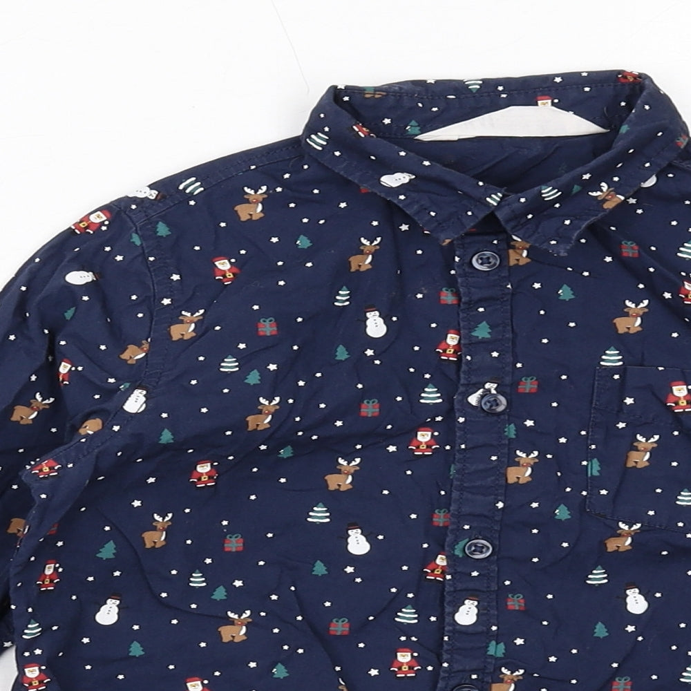 H&M Boys Blue Geometric Cotton Basic Button-Up Size 5-6 Years Collared Button - Christmas