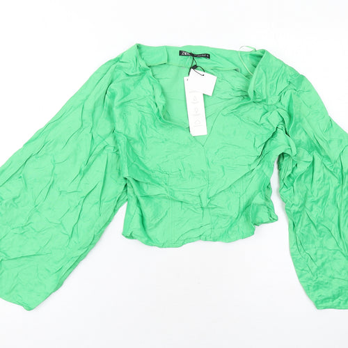 Zara Womens Green Viscose Basic Blouse Size S V-Neck