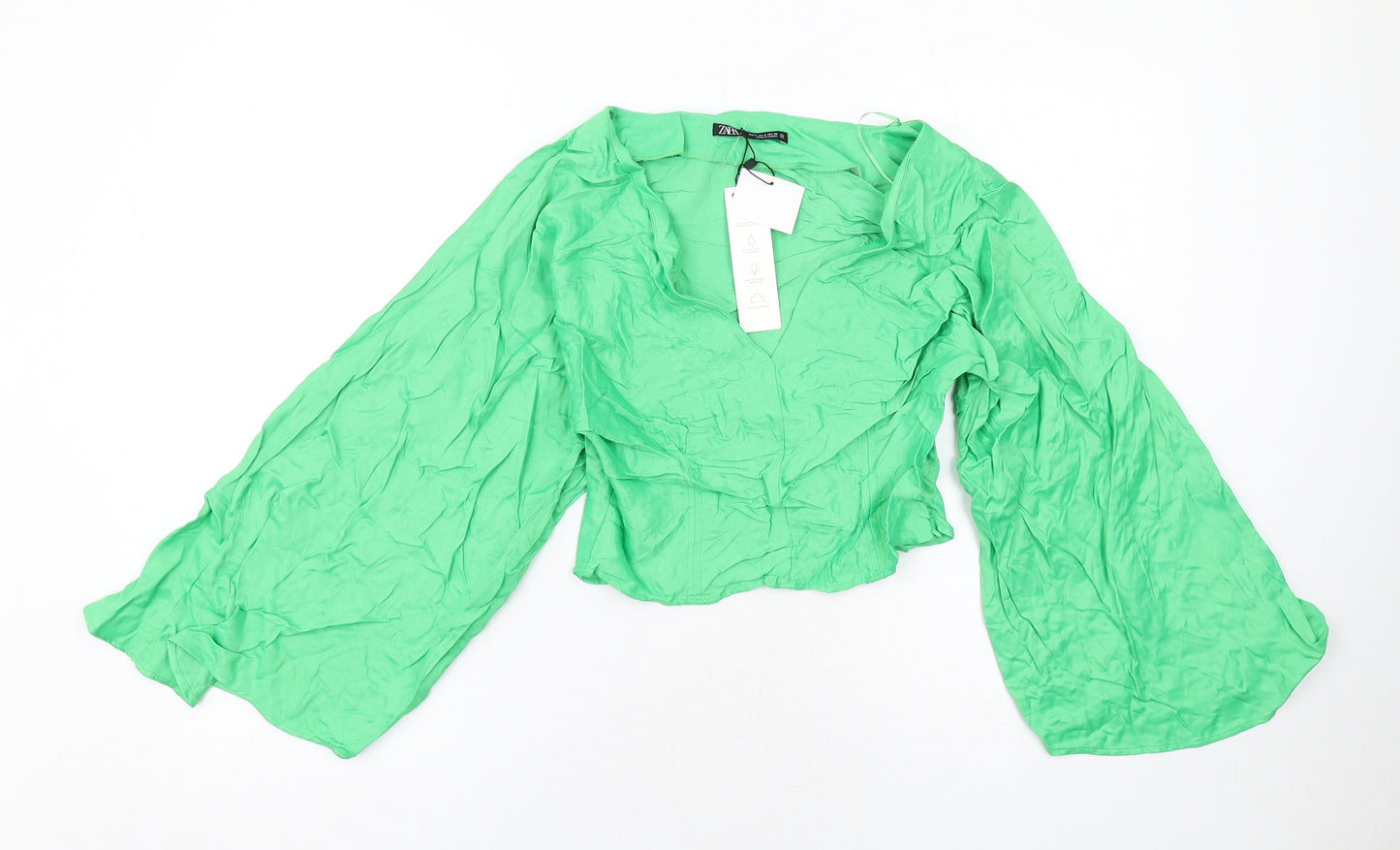 Zara Womens Green Viscose Basic Blouse Size S V-Neck
