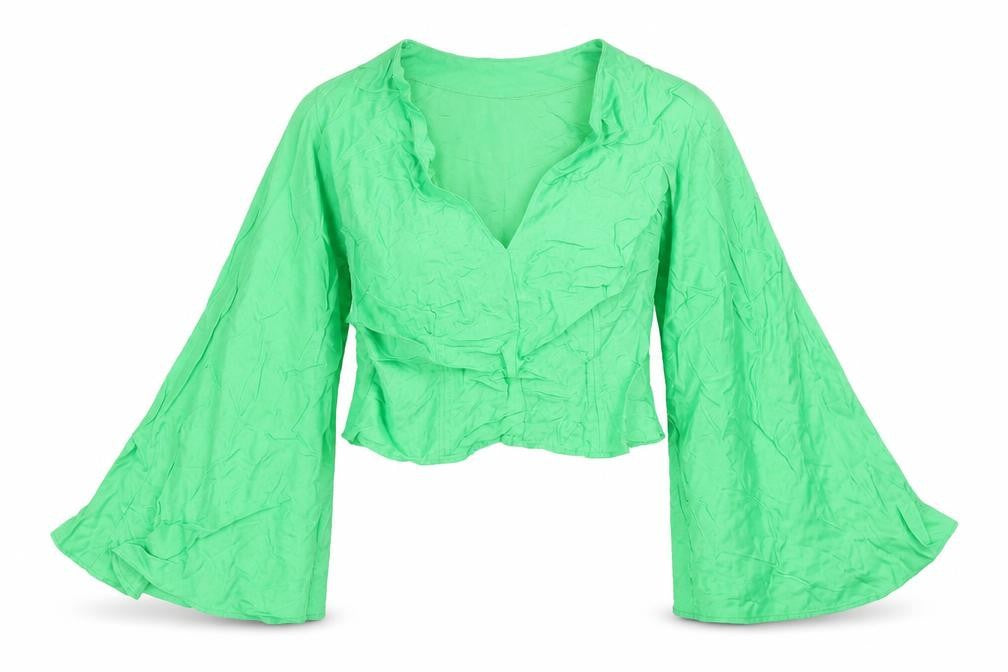 Front view of Zara women’s green viscose basic blouse, size S, v-neck