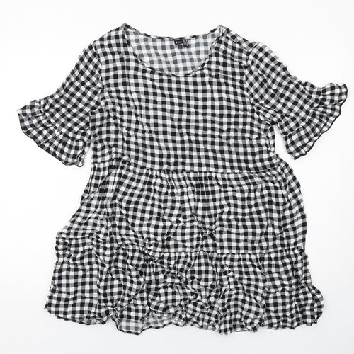 Izabel London Womens Black Plaid Viscose Basic Blouse Size 10 Round Neck