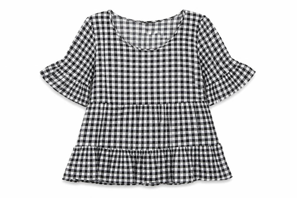 Front view of Izabel London women’s black plaid viscose basic blouse, size UK 10, round neck