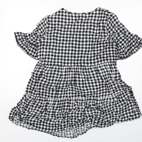 Izabel London Womens Black Plaid Viscose Basic Blouse Size 10 Round Neck