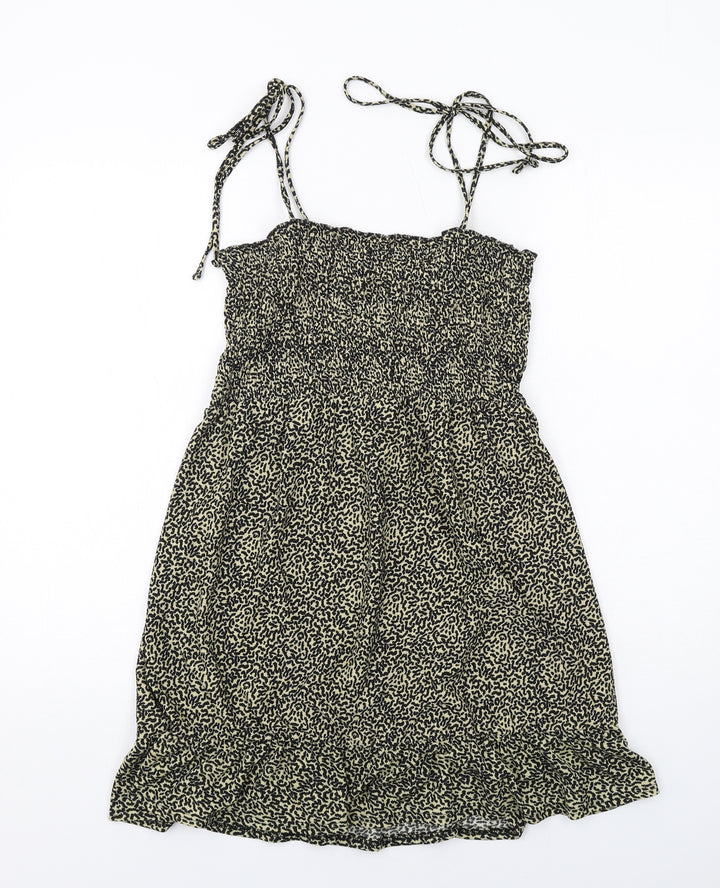 Topshop Womens Black Geometric Polyester A-Line Size 10 Square Neck Pullover - Tie Strap Detail