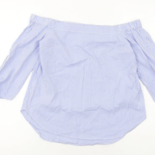 Oasis Womens Blue Striped Cotton Basic Blouse Size 10 Off the Shoulder