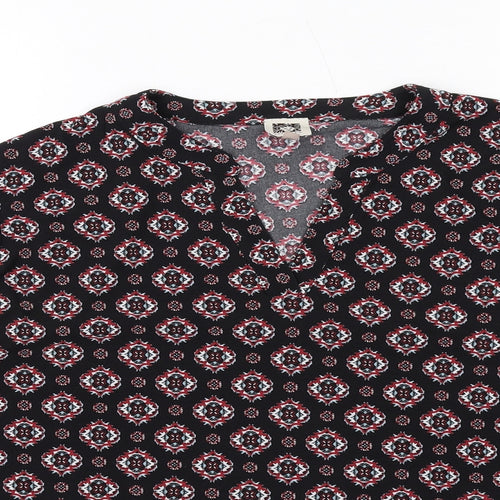 Anne Klein Womens Black Geometric Polyester Basic Blouse Size L V-Neck