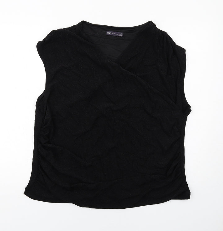 Marks and Spencer Womens Black Polyamide Basic Blouse Size 24 V-Neck