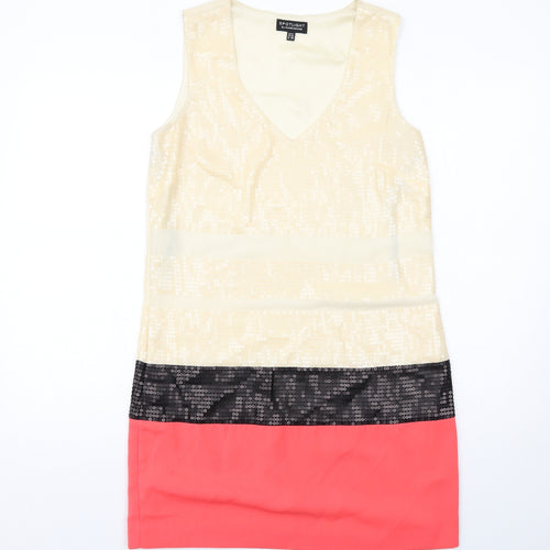 Warehouse Womens Ivory Colourblock Polyester A-Line Size 12 V-Neck Pullover