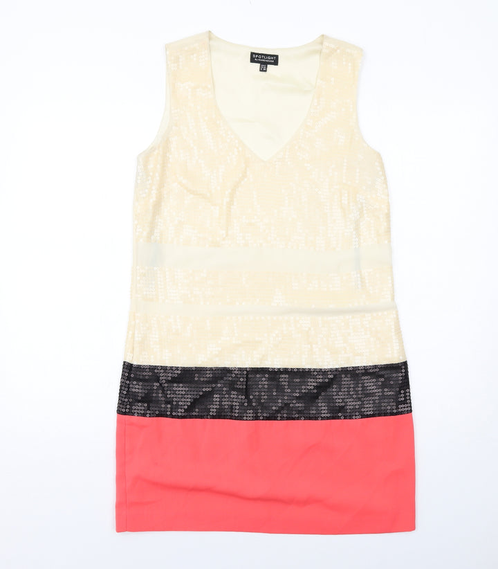Warehouse Womens Ivory Colourblock Polyester A-Line Size 12 V-Neck Pullover
