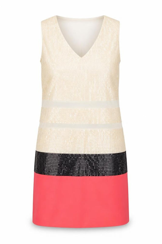 Front view of Warehouse women’s ivory colourblock polyester a-line, size UK 12, v-neck pullover