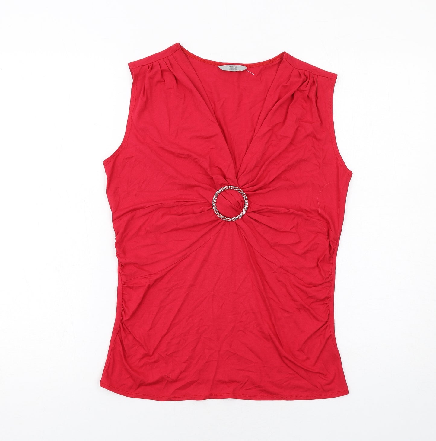 Marks and Spencer Womens Red Viscose Basic Tank Size 14 V-Neck - Ring Detail